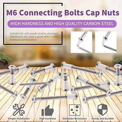 Swpeet 120Pcs M6x35mm/45mm/55mm/65mm/75mm Nickel Plated Sliver Hex Drive Socket Cap Bolts Barrel Nuts Kit with 1Pcs Allen Wrench, Screw Post Fit for Furniture Countsunk Belt Leather Binding Bolts - size: 35mm-75mm Assortment Kit