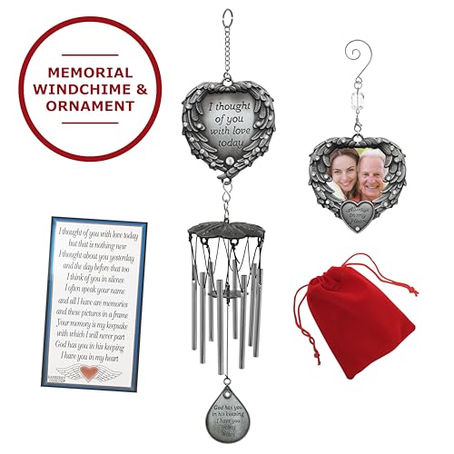 Sympathy Memorial Wind Chime & Photo Ornament Gift Set – “I Thought of You with Love Today” Engraved Chime – Angel Wings “in Loving Memory” Picture Ornament -2” Photo – Bereavement & Funeral Gift