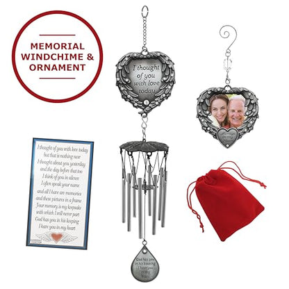 Sympathy Memorial Wind Chime & Photo Ornament Gift Set – “I Thought of You with Love Today” Engraved Chime – Angel Wings “in Loving Memory” Picture Ornament -2” Photo – Bereavement & Funeral Gift