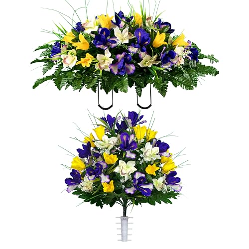 Artificial Cemetery Flowers - Grave Decoration - Yellow Tulips and Purple Iris (1) Headstone Saddle (1) Bouquet - color: Yellow/Purple, size: (1) Saddle (1) Bouquet