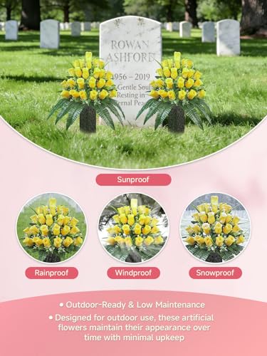 Mirevielyn 2-Pack 24-Stem Artificial Rose Cemetery Flowers with Vases - color: Yellow (Warm Memory)