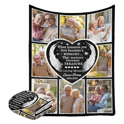Customized Memorial Blanket with Photo Custom Black Heart Angel Wings Picture Blanket for Lost of Loved Ones Mom Dad Grandma Grandpa Personalized Blanket as Bereavement Remembrance Gifts 30x40 - color: Pattern 02