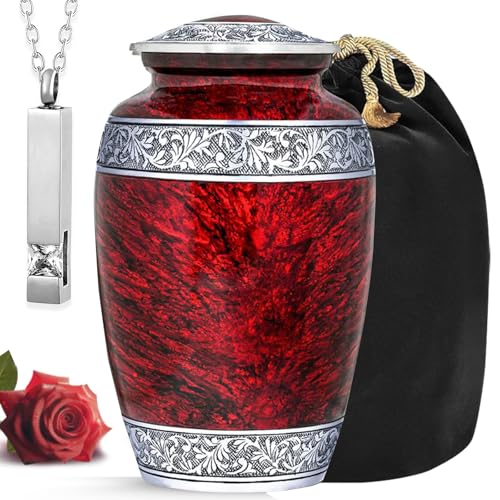 Hand-Engraved Red Urn for Ashes for Women & Men with Ash Necklace & Velvet Bag | Red Marble Finish Metal Cremation Urns for Human Ashes Adult Man | Elegant Burial & Funeral Urn - Large, 220 lbs - color: Red, size: Large