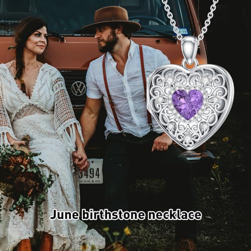 Heart Locket Necklace 925 Sterling Silver Personalized Picture Locket Pendant Birthday Christmas Jewelry Memorial Gifts for Women - color: June Crystal Locket