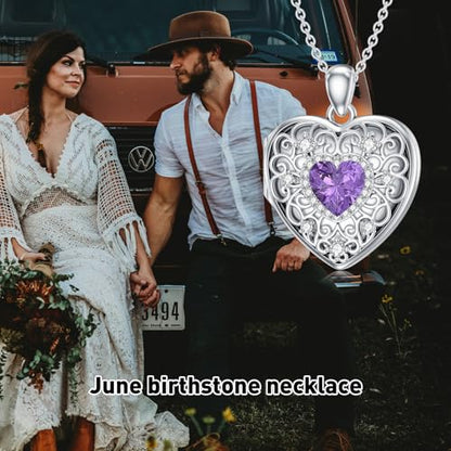 Heart Locket Necklace 925 Sterling Silver Personalized Picture Locket Pendant Birthday Christmas Jewelry Memorial Gifts for Women - color: June Crystal Locket