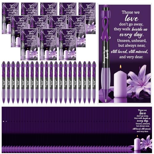Sayglossy 60 Set Memorial Funeral Favor for Guest Thank You Set,Purple | Celebration of Life Funeral Ballpoints and Prayer Cards, 100 Bags & Twist Ties, Sympathy Gift for a Ribbon - color: Purple