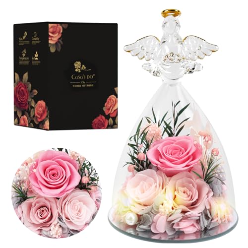 Casaido Mothers Day Rose Gifts for Women, 7" Pink Preserved Roses Flowers in Glass Angel Figurine, Birthday Gift for Mom Wife Grandma, Eternal Rose for Valentines Christmas Anniversary - color: Pink