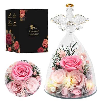 Casaido Mothers Day Rose Gifts for Women, 7" Pink Preserved Roses Flowers in Glass Angel Figurine, Birthday Gift for Mom Wife Grandma, Eternal Rose for Valentines Christmas Anniversary - color: Pink