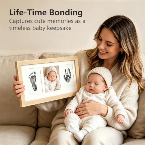 Baby Hand and Footprint Kit,Inkless Baby Handprint Kit with 2 Safe Clean-Touch Ink Pads and a Wooden Baby Picture Frames for Newborn,Baby Gifts-Ash Wood - color: Oak