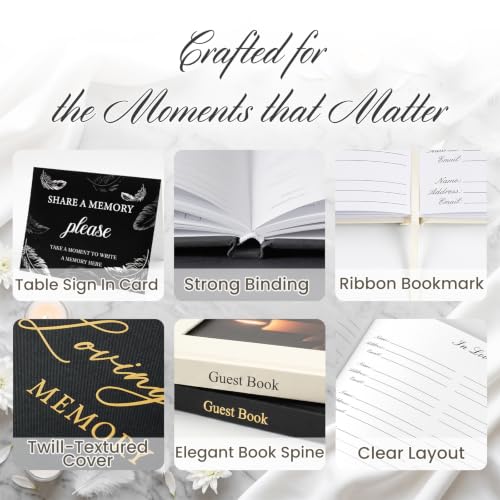 Funeral Guest Book, in Loving Memory Sign in Book with Photo Slot | 330 Entries, Table Sign Card Included, Gold Stamping, Twill-Textured Paper Cover, Celebration of Life Keepsake, 9x7.5", Black - color: Black-i