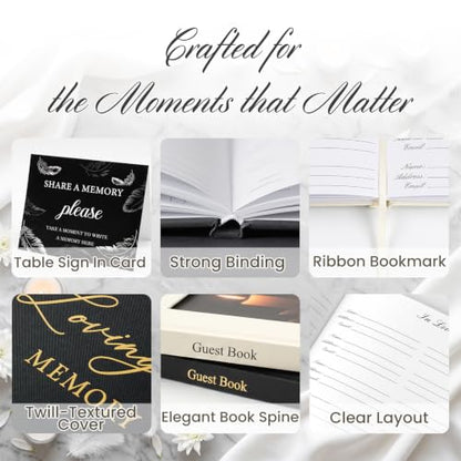 Funeral Guest Book, in Loving Memory Sign in Book with Photo Slot | 330 Entries, Table Sign Card Included, Gold Stamping, Twill-Textured Paper Cover, Celebration of Life Keepsake, 9x7.5", Black - color: Black-i
