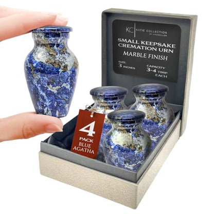 Set of 4 Elegant Marble Style Keepsake Urns – Metal Little Mini Urn for Human Ashes – Secure Screw Top – Small Personal Size – Blue Agate Finish - color: 4 Blue Agatha