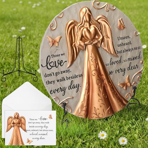 Bronze Angel Memorial Garden Stone with Plaque Stand and Sympathy Card, Mothers Day Outdoor Heartwarming Memorial Garden Stepping Stone, Sympathy Gift for Loss of Loved One, Pet & Family