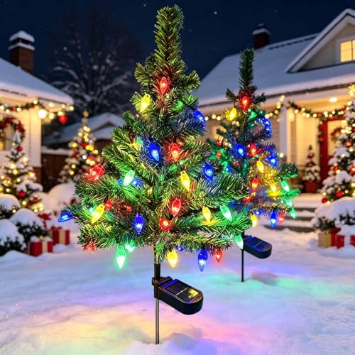 Windpnn 2Pack Solar Christmas Tree Lights Outdoor Decorations, with 40 Strawberry Lights Waterproof Pathway Lights for Garden Patio Yard Cemetery Decor