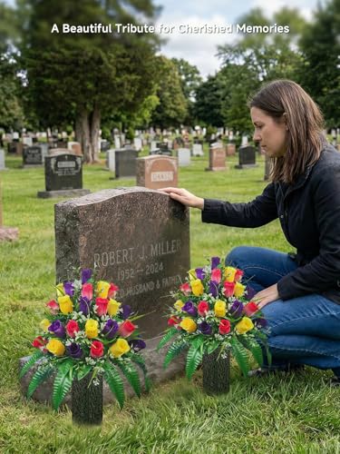 Mirevielyn 24-Stem Artificial Rose Cemetery Flowers with Spiked Vases - color: Red, Yellow & Purple