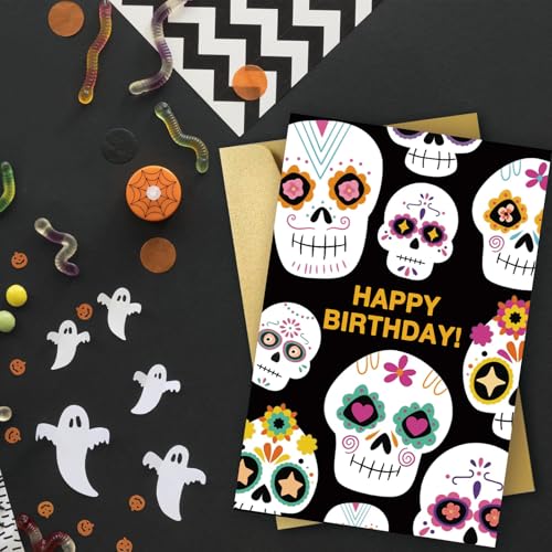ICOOLYI Halloween Sugar Skull Birthday Card, Funny Birthday Cards for Her Him, friend birthday card, Spooky Skull Birthday Card - color: WY-075