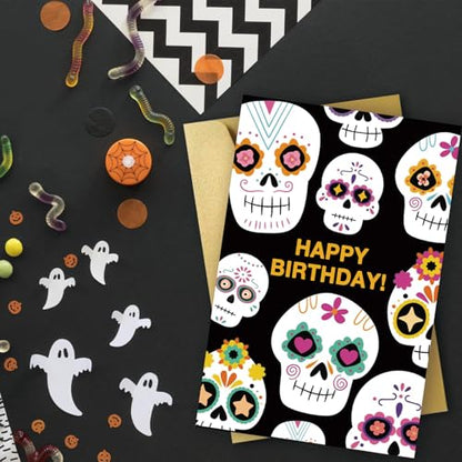 ICOOLYI Halloween Sugar Skull Birthday Card, Funny Birthday Cards for Her Him, friend birthday card, Spooky Skull Birthday Card - color: WY-075