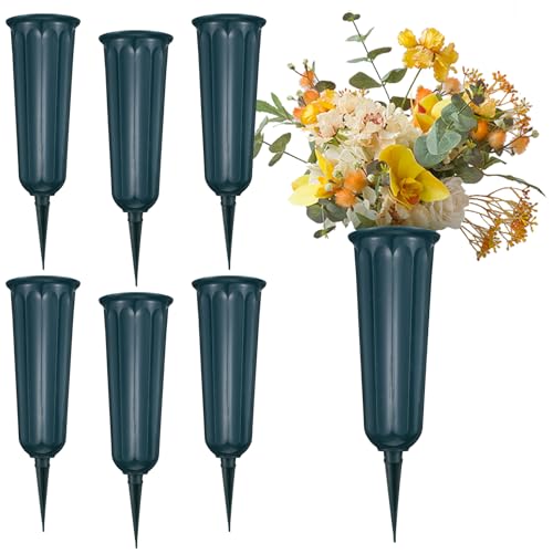 6 Pcs Cemetery Vases with Spikes and Foam Inserts, Memorial Floral Vases for Outdoor Grave Headstone Decoration with Fresh or Artificial Flowers, Green