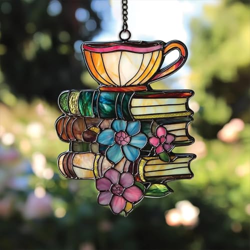 Book Tea Acrylic Suncatcher Size 5 inches, Bookish Stained Glass Effect Window Hanging Ornament, Garden Decor, Gift for Book Lover Reader Bookworm - color: Book-lovers-1, size: 5"