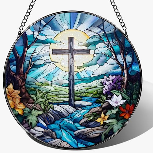 8 Inch Cross Stained Glass Suncatcher - Stained Glass Window Hanging, Sun Catchers Indoor Window, Christian Decor, Window Decor Hanging | Christian Gifts, Religious Gifts, Baptism Gift - color: Cross-b