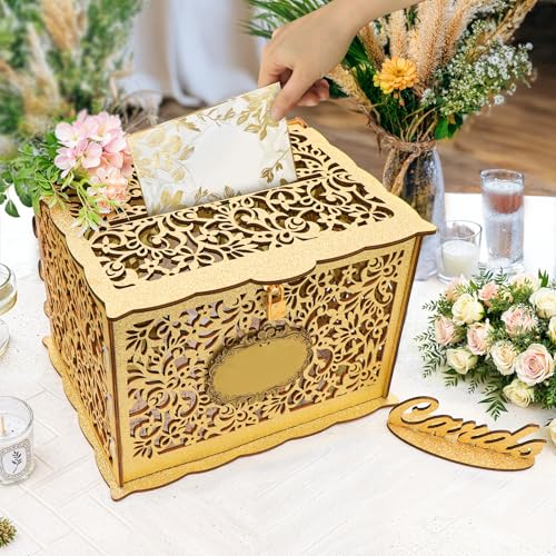OurWarm Glittery Gold Wedding Card Box with Lock, Wood Gift Card Box for Wedding Reception, Envelope Box for Party Graduation Birthday Baby Shower Decorations - style: Glittery Gold