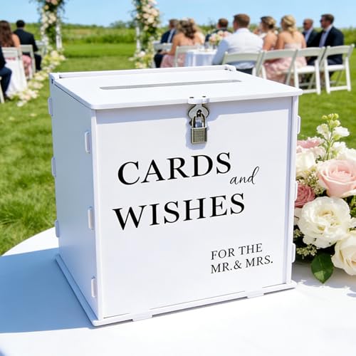 White Wedding Card Box with Slot & Lock, Elegant Wedding Card Boxes for Reception Money Envelope Cash Cards, Large DIY Wedding Gift Box for Engagement Anniversary Bridal Shower Table Decor - style: PVC