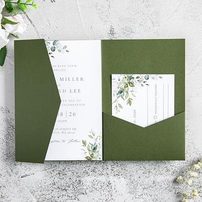 20Pcs 5.12x7.09 inch Tri-fold Wedding Invitation Cards for Quinceanera Bridal Shower Baby Shower Party Invite (Olive Green) - color: Olive Green