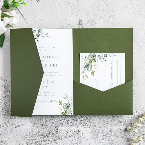 20Pcs 5.12x7.09 inch Tri-fold Wedding Invitation Cards for Quinceanera Bridal Shower Baby Shower Party Invite (Olive Green) - color: Olive Green