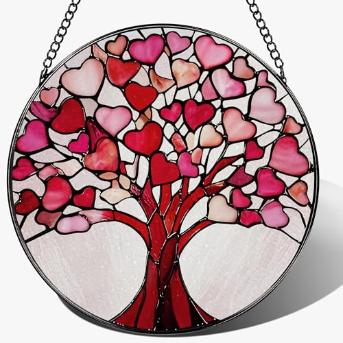 Stained Glass Window Hanging - 8 Inch Love Heart Tree Suncatcher, Sun Catchers Indoor Window | Valentine’s Day, Mother's Day, Christmas, Anniversary, Birthday Gifts for Lover, Wife, Girlfriend, Mom - color: Heart Tree