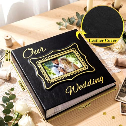 Dunzoom Memory Photo Album Holds 200 Pcs 4 x 6 Inch Leather Wedding Anniversary Family Photo Album with Front Window Double Heart Memory Scrapbook for Couple Gifts () - style: Black Our Wedding