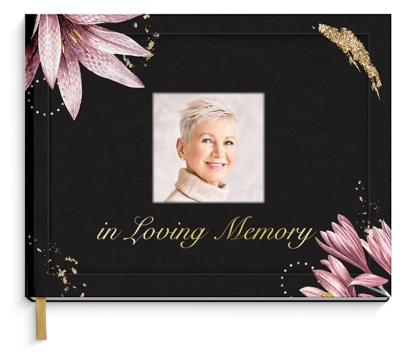Hardcover Funeral Guest Book with Photo Slot – 9x7 Inch Memorial Sign-In Book, In Loving Memory Keepsake with Gold Stamping, 96 Pages, Ribbon Bookmark & Pen – Elegant Tribute for Celebration of Life