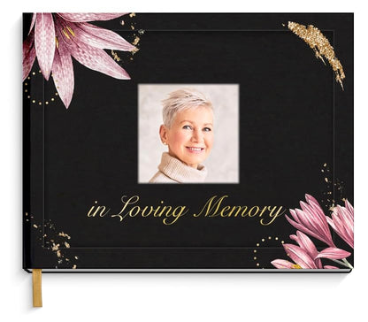 Hardcover Funeral Guest Book with Photo Slot – 9x7 Inch Memorial Sign-In Book, In Loving Memory Keepsake with Gold Stamping, 96 Pages, Ribbon Bookmark & Pen – Elegant Tribute for Celebration of Life