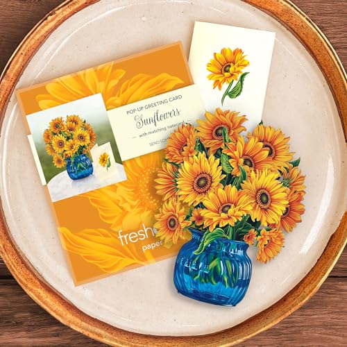 Freshcut Paper Pop Up Cards, Mini Sunflowers, 6 Inch Mini Sized Forever Flower Bouquet 3D Popup Greeting Cards, Birthday Cards, Get Well Gifts, Blank Notecard & Envelope (Pack of 3) - color: Sunflowers, size: Mini (Pack of 3)