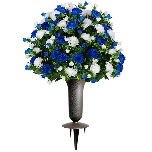 Artificial Cemetery Flowers - Gravesite Memorial Arrangment - Blue & White Garden Mums - (1) Bouquet (1) Vase - color: Blue & White, size: (1) Bouquet (1) Vase