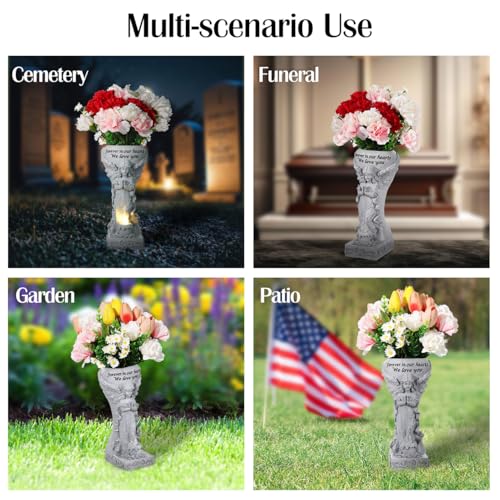 Lewondr Solar Cemetery Vase for Grave, Praying Angel with Spike | Waterproof Memorial Flower Holder with Solar Candle Light, Sympathy Gifts for Loss of Loved One, Gray - color: Gray a