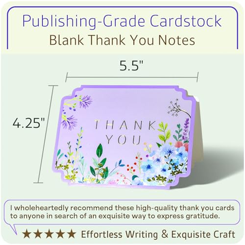 Floral Thank You Cards, Die-Cut Gold Foil, 100 Cards with Envelopes
