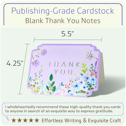 Floral Thank You Cards, Die-Cut Gold Foil, 100 Cards with Envelopes
