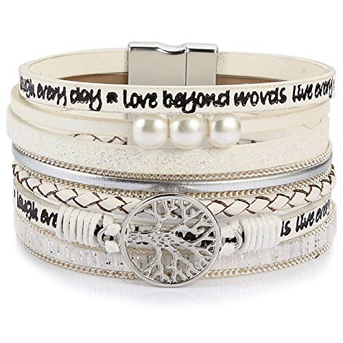 Tree of Life Inspirational Leather Wrap Bracelets Boho Western Cowgirl Cuff - color: White