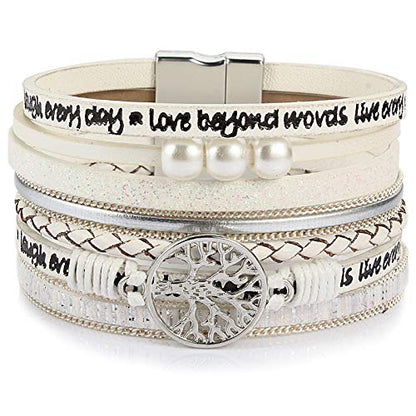 Tree of Life Inspirational Leather Wrap Bracelets Boho Western Cowgirl Cuff - color: White