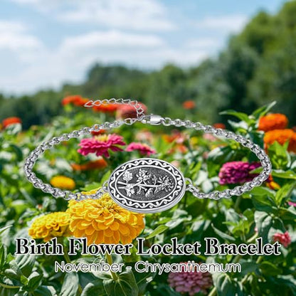 Birth Flower Photo Locket Bracelet 925 Sterling Silver 12 Month Locket Bracelet with Picture Birth Flower Photo Jewelry Gifts for Women Mother Mom Daughter - style: 11-November-Chrysanthemum-Custom