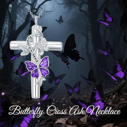 SOULMEET Enamel Butterfly Cross Urn Necklace for Ashes, Cross Moissanite Butterfly Ashes Necklaces with Forever in My Heart Engraved Keepsake Cremation Locket Jewelry for Women Men - color: E-Purple, style: Custom Engraved