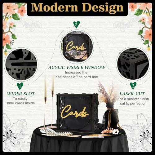 Black & Gold Wedding Card Box for Reception, PVC Gift Cards Holder for Graduation Party, Funeral Memorial, Birthday, Bridal & Baby Shower, Retirement, Donation Basket, Money, Envelope Box with Slot - color: Black