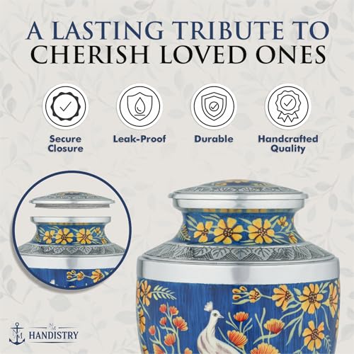 Elegant Peacock Cremation Urn for Human Ashes Adult – Blue Floral Memorial Urn for Men & Women, Handcrafted Metal Funeral Urn, Secure Lid, 200 Cubic Inches - size: 10.1 Inch