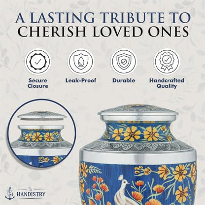Elegant Peacock Cremation Urn for Human Ashes Adult – Blue Floral Memorial Urn for Men & Women, Handcrafted Metal Funeral Urn, Secure Lid, 200 Cubic Inches - size: 10.1 Inch