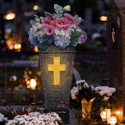 Solar Cemetery Vase with LED Cross Lamp Memorial Flower Holder - color: Warm Light Cross