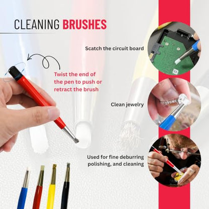 4 Piece Fiberglass Scratch Brush Pen Set with Steel, Brass, Nylon Tips | Surface Restoration, Oxidation Cleaning, Metal Polishing, Jewelry Cleaning, Watch Cleaning, Coin Cleaning, PCB Cleaning