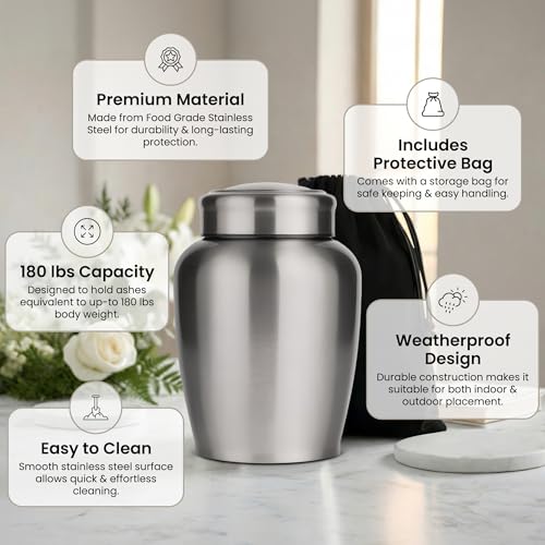 Stainless Steel Silver Urn for Ashes Adult Male & Female, Cremation urns for Human Ashes Man & Women, Set of 3 Includes 1 Large Urn & 1 Silver & Black Cross Necklace - color: Stainless Steel Urn - Single Urn