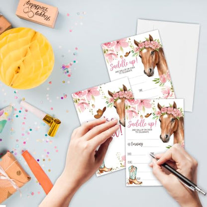 Cowgirl Horse Birthday Invitation Cards with Envelopes, 20 Pack 4x6 Fill-In Party Invites for Girls Boys, Western Floral Saddle Up Birthday Party Supplies - B03 - color: Cowgirl