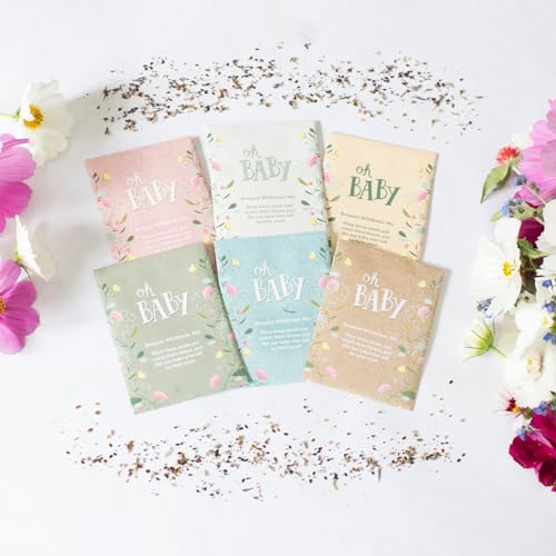 Oh Baby Flower Seeds Packets - Girl/Boy Baby Shower Favors - Pre-Filled, 25 Wildflower Seed Packs for Favor - Eco-Friendly Gift & Babys Guest Giveaways - Non-GMO Seeds - Brown - style: Oh Baby Natural
