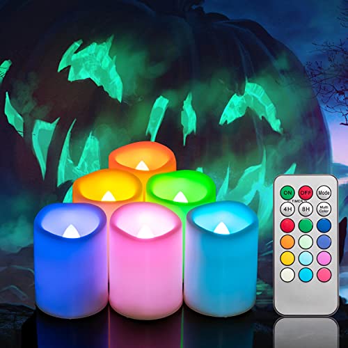 6 PCS Color Changing Remote Flameless Flickering LED Timer Votive Candles/Colored Battery Operated Tea Light Fake Candle for Outdoor Halloween Pumpkin Easter Christmas Decorations - color: Color Changing Remote Timer Votive (2", 6 PCS)